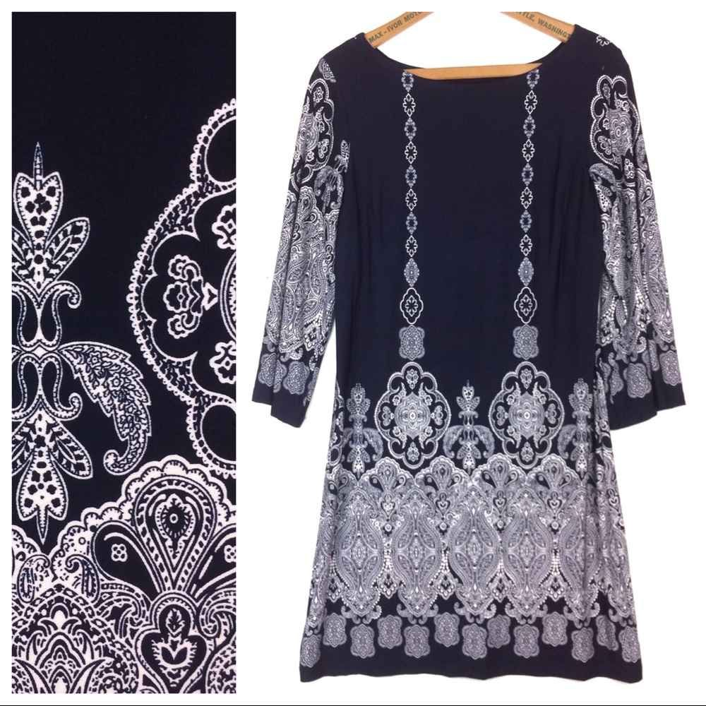 Enfocus Studios Navy and White Paisley / Floral Sheath Dress -6P-